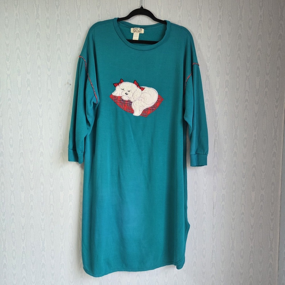 Vtg 80s 90s Women's L Sears Sweatshirt Dress Nightgown Dog Quirky Grandmacore